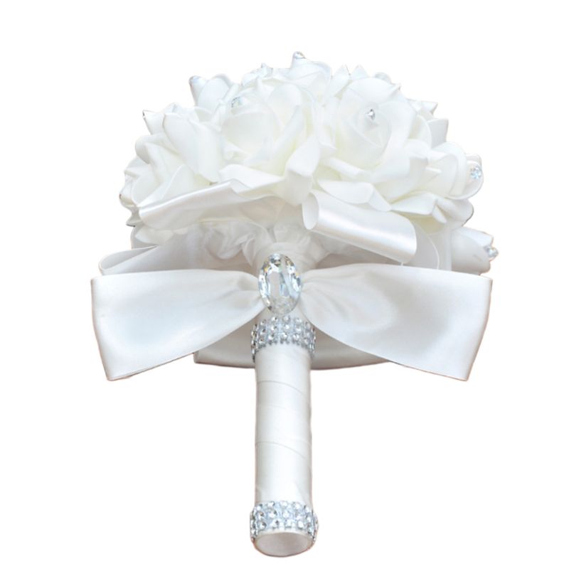 Korean Style Wedding Bridal Bouquet Artificial Flower PE Foam Roses With Faux Crystal Rhinestone Ribbons for Party Church Decor: White