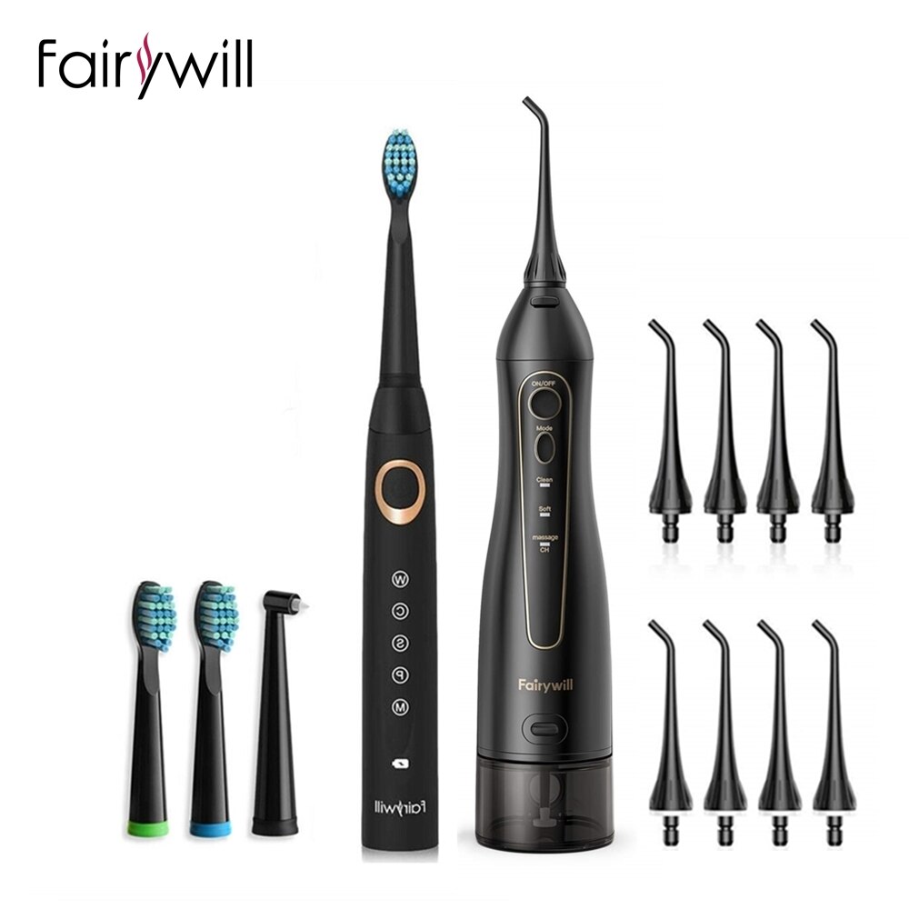 Fairywill Elektrische Schall- Zahnbürste &Ampere; Wasser Flosser USB Ladung Wasserdichte 5 Modi 3 Pinsel Köpfe Zahnbürsten Zähne Reiniger: 5020E-B-508Schwarz