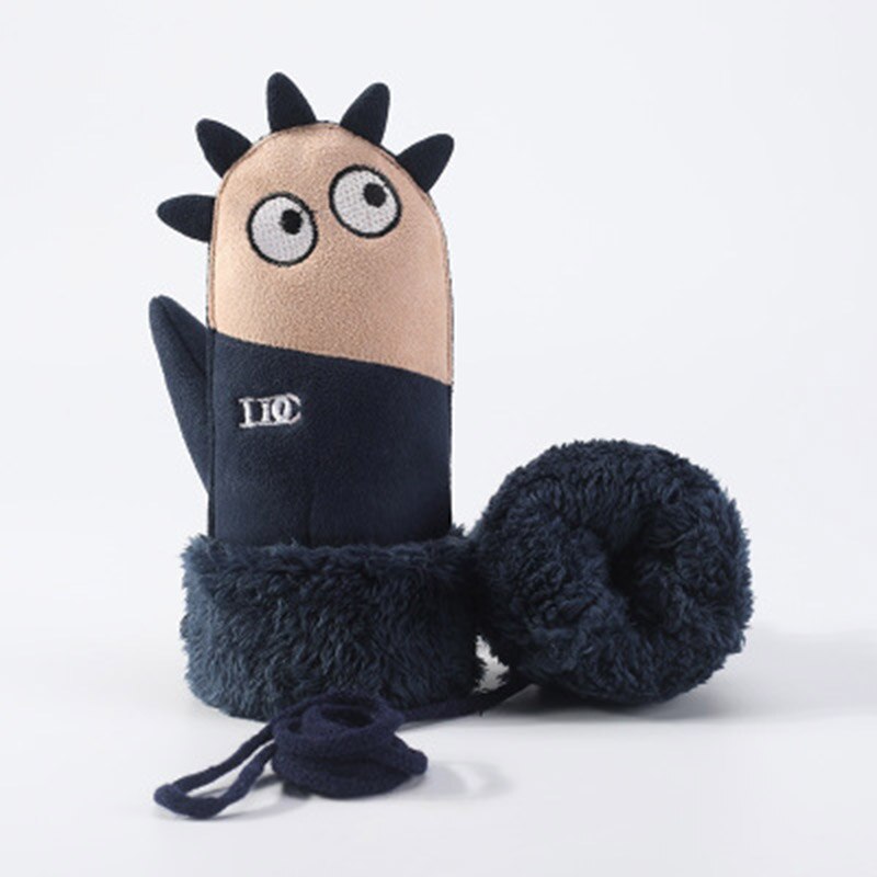 Gants pour enfants hiver épais cachemire dessin animé pingouin requin daim cuir gants garçon/fille suspendus cou mitaines de Ski H29: D Cyan
