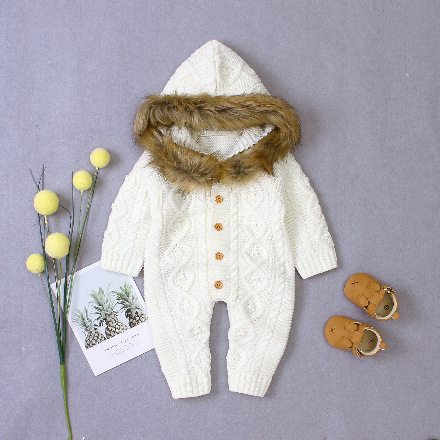 Mise au point 0-18M hiver bébé garçons barboteuses solide à manches longues simple boutonnage fourrure à capuche tricot combinaisons