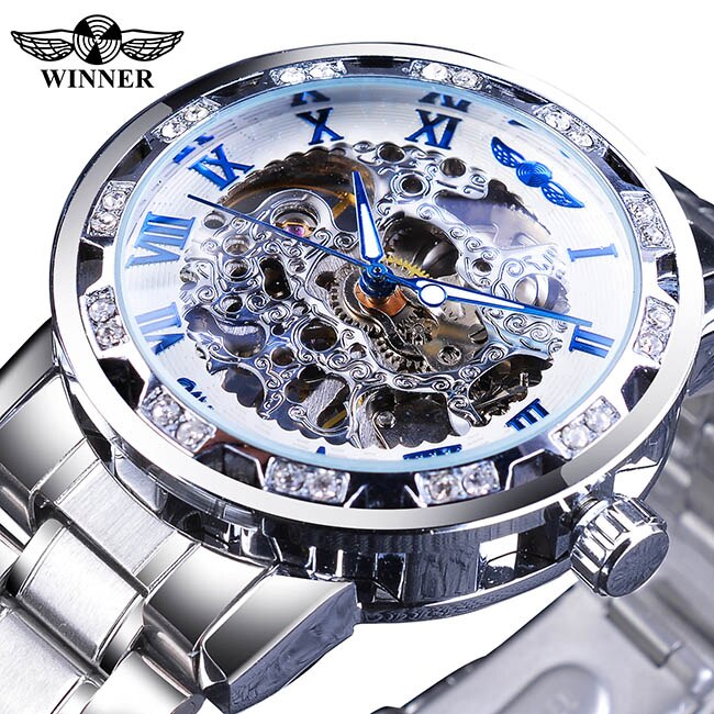 Winnaar Classic Blue Mens Mechanische Horloges Romeinse Zwart Roestvrij Stalen Band Rhinestone Skeleton Hand Wind Bedrijvengids Horloge Klok: S1089-3