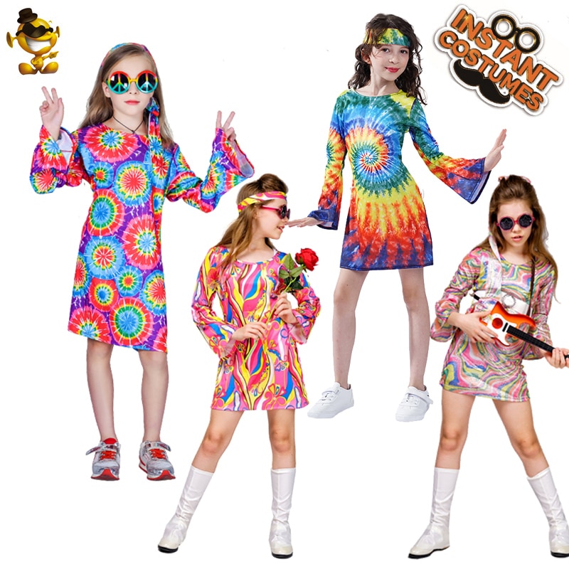 Purim Kids Meisje Bloem Hippie Jurk Kostuum Fancy Dress Kid Party Cosplay 60s70&#39;s Hippie Kostuum Kleding