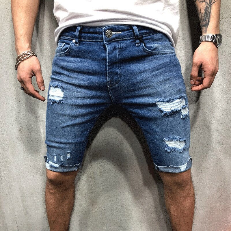 Mænd shorts jeans korte bukser ødelagt skinny jeans flået bukser flosset denim