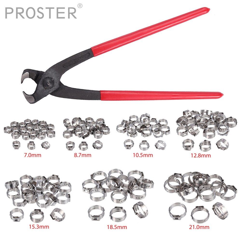 Proster 130Pcs 6-21Mm 304 Rvs Single Ear Traploze Slang Assortiment Klemmen Ring + Klem Crimper hand Krimptang Kit