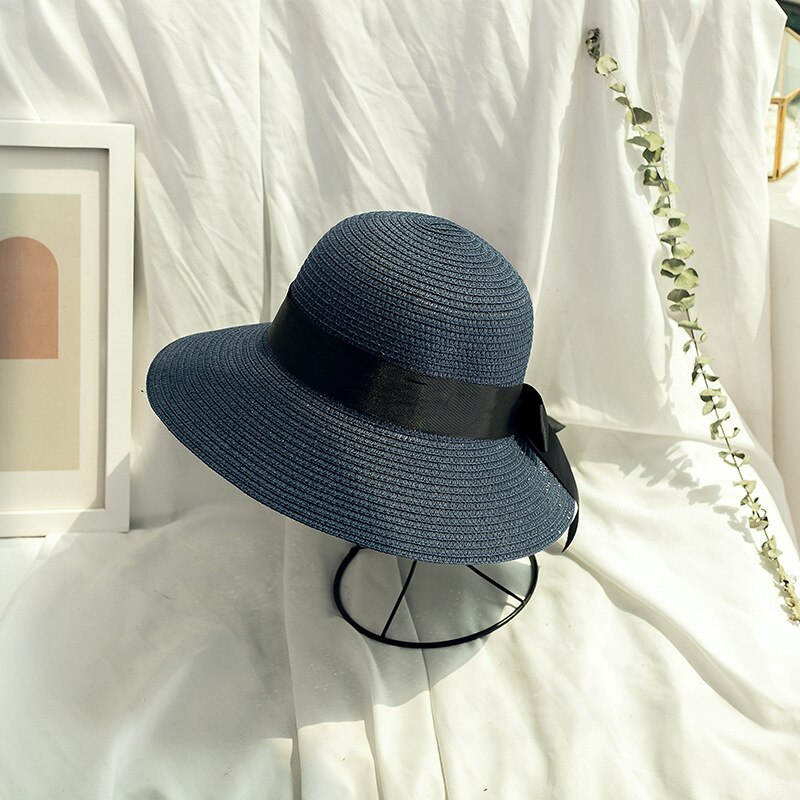 Zomer Mode Strik Strooien Hoed Voor Dames Met Zon Bescherming Inklapbare Strand Hoed: Blauw