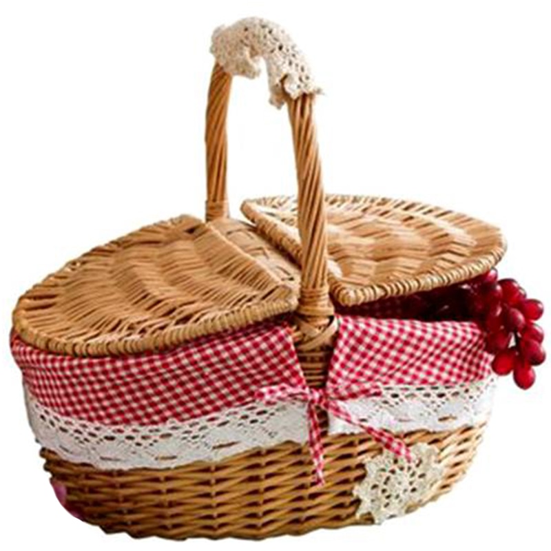 Hand Made Wicker Basket Wicker Camping Picnic Basket Shopping Storage Hamper and Handle Wooden Wicker Picnic Basket: Default Title
