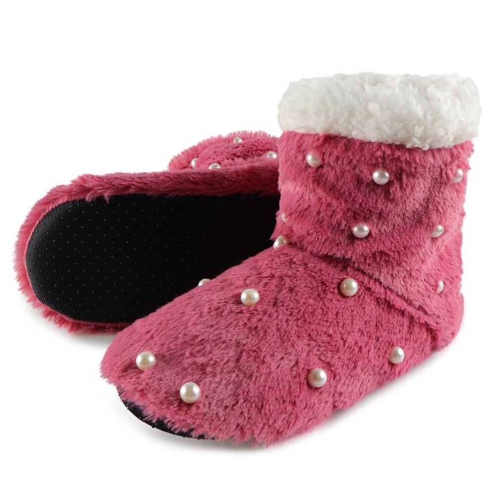 Nyaste kvinnor dam tofflor stövlar plysch mjuk varma fleece golvstrumpor tossor pärla golv skor: Fushcia / 39-41