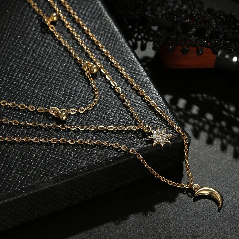 Trendy Multi-layered Necklace Pendant Gold Stars And Moon Non-slip Simple Necklace Clavicle Chain Jewelry Pendientes Mujer