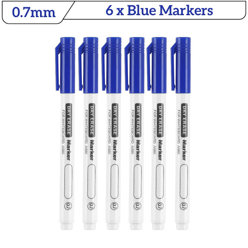 6 Stuks Fijne Tip Droog Wissen Markers Set 0.5/0.7/1.0mm Dunne Whiteboard Pennen Zwart Blauw Rood uitwisbare Markers voor Onderwijs Kantoor: Light Grey