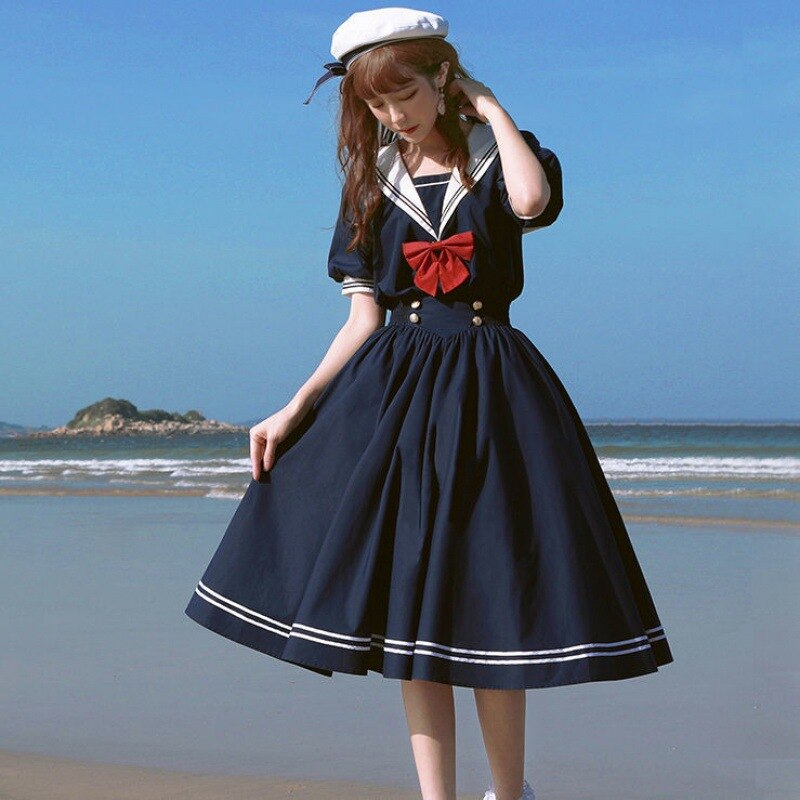 Vestido de Lolita de estilo Preppy para chicas, lazos japoneses, dulce, Harajuku, cuello de marinero, azul marino, lazo Vintage: Navy Blue / L