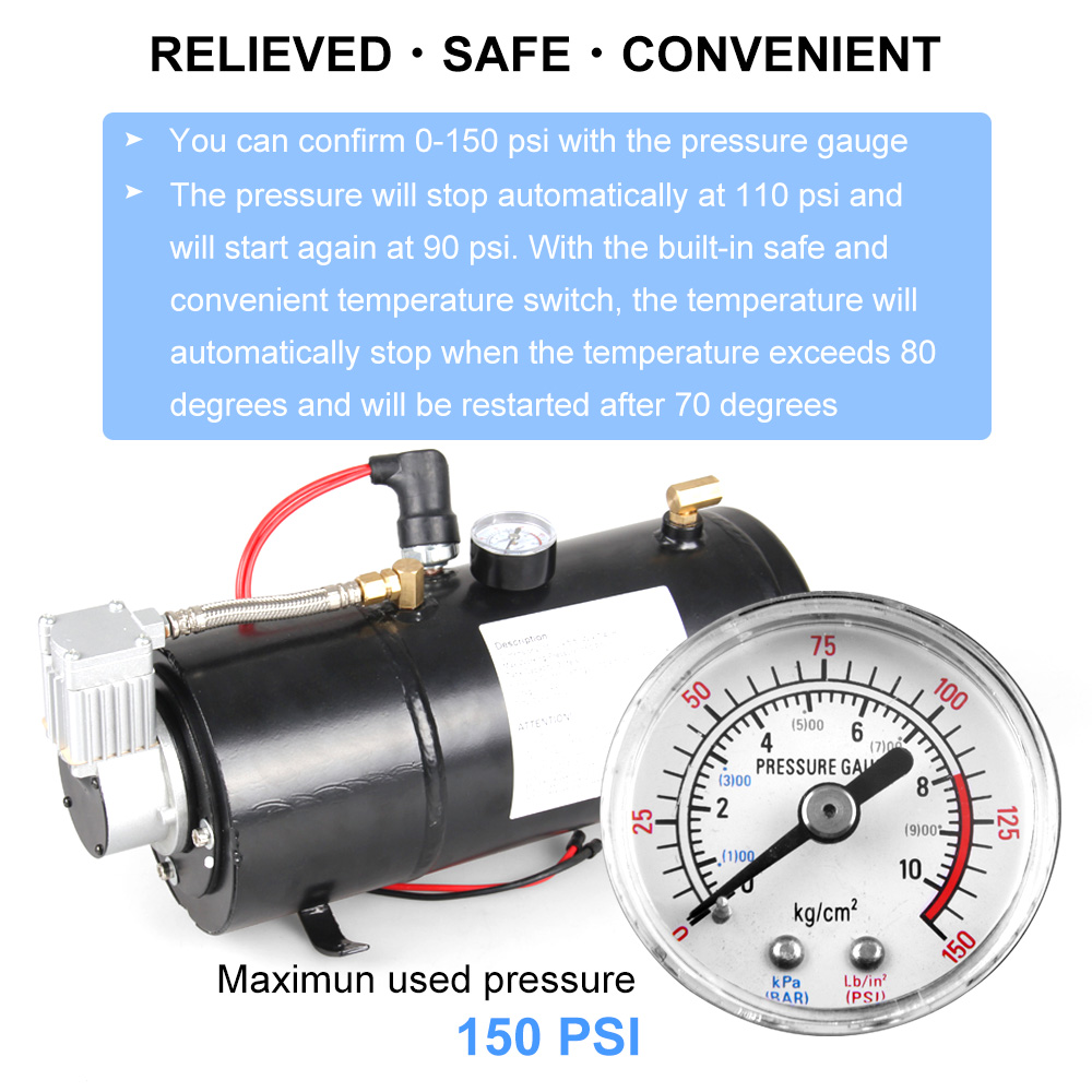 12v Air Compressor with 3 Liter Tank for Air Horn Train Truck RV Pickup 125 PSI OT200-BK