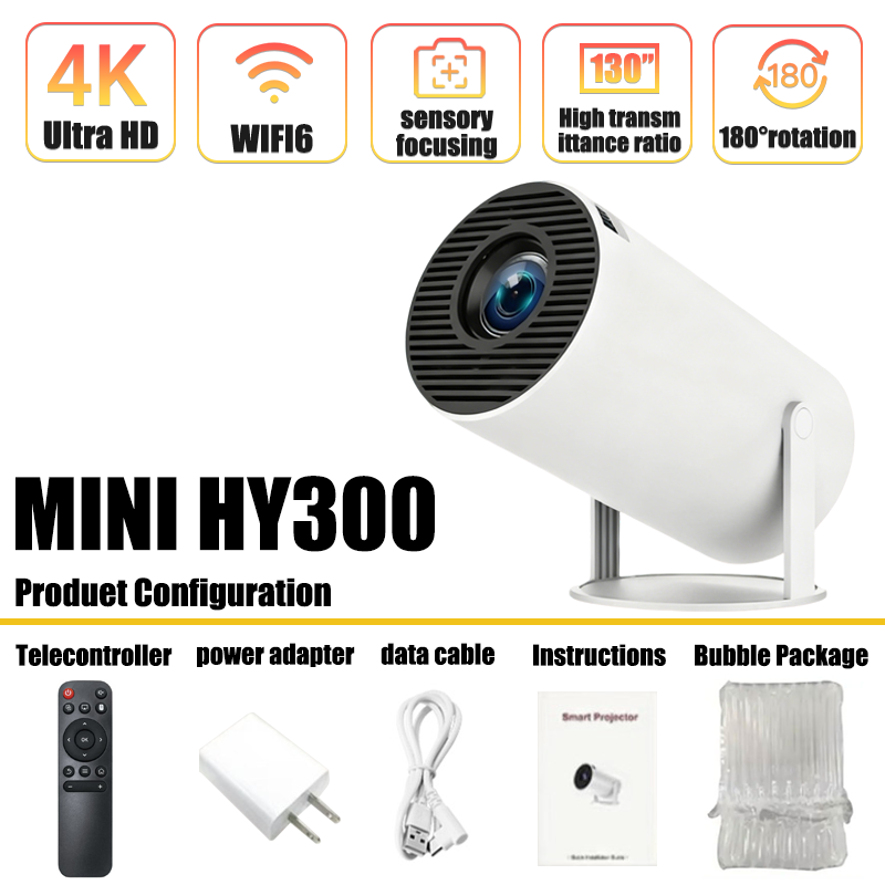 Projektor 4k android 11 hy300 mini wifi 6 290 ansi allwinner  h713 bt5.0 1080p 1280*720p bio utomhus bärbar projektor: Vit / Eu