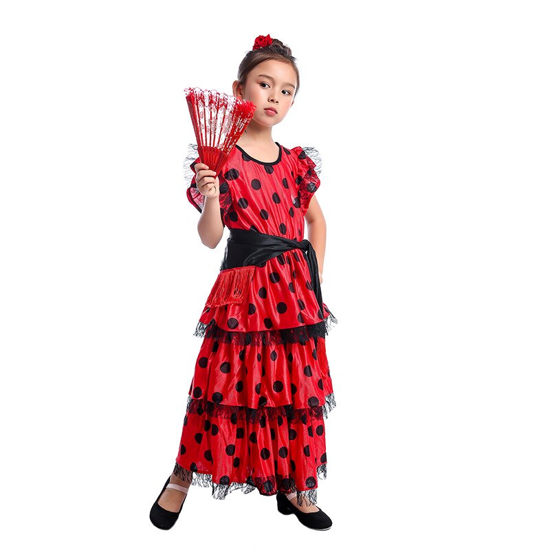 Vestidos de baile de España para niñas, trajes de baile de Flamenco para mujer, vestidos Maxi de manga de encaje con estampado de lunares tradicional, puesta en escena de equipo