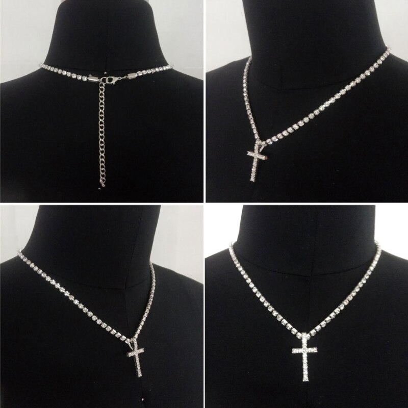 Glanzend Witte Kristallen Kruis Hanger Ketting Heilige Kristallen Kruis Hanger Met Rhinstone Chain Unisex Mode-sieraden