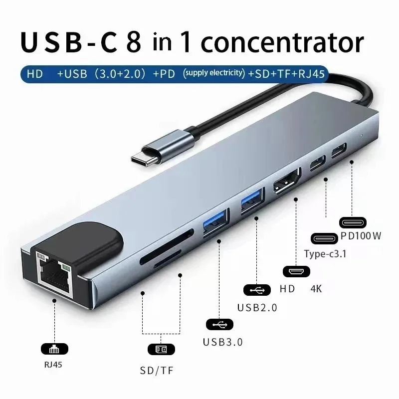 Usb c hub 8in1 7in2 7in1 tipo c 3.1 para 4k adaptador hdmi com leitor de cartão rj45 sd/tf pd carga rápida para macbook notebook portátil