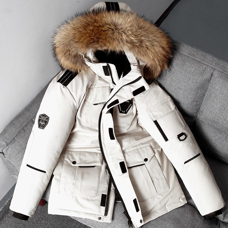 -30 Degree Couple Winter Down Jacket Men White Duck Down Parkas Coat Mid-length Large Fur Collar Down Thicken Coat Snow Overcoat: White / L