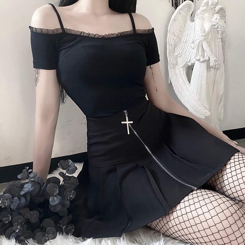 InsGoth Black Pleated Mini SKirts Women Harajuku Grunge Streetwear Cross Zipper Gothic Skirts Female