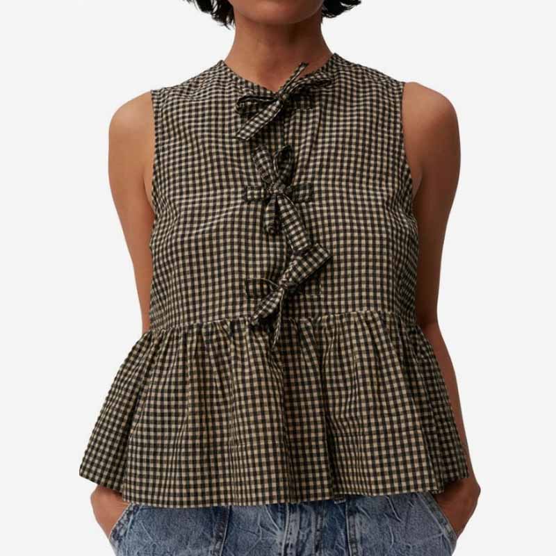 Women Tie Front Peplum Tank Tops Y2K Sleeveless Lace Up Ruffle Hem Babydoll Vest Shirts Cute Summer Going Out Crop Tops: L