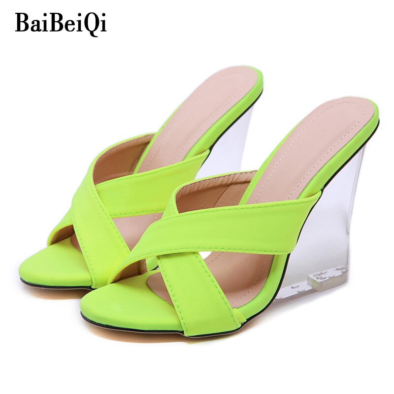 Baibeiqi Women Summer Shoes Crystal Wedge Women'S Shoes Fluorescent Ultra-Heels Mules European American
