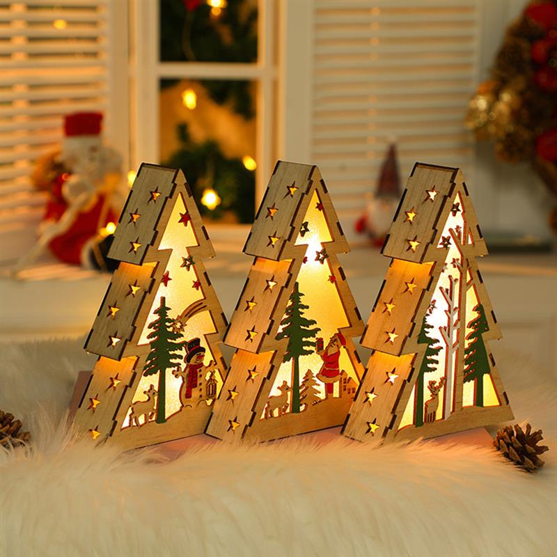 1Pcs Kleurrijke Houten Nachtlampje Kerstboom Vorm Lichtgevende Desktop Ornamenten Led Voor Bruiloften Decoraties Feestartikelen
