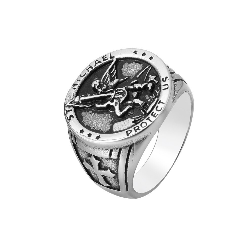 Anello da uomo in acciaio inossidabile con croce di guerriero di angelo della guerra santa anello da uomo in acciaio inossidabile accessori religiosi cattolici di nuova moda misura 7-12: -7 / SILVER