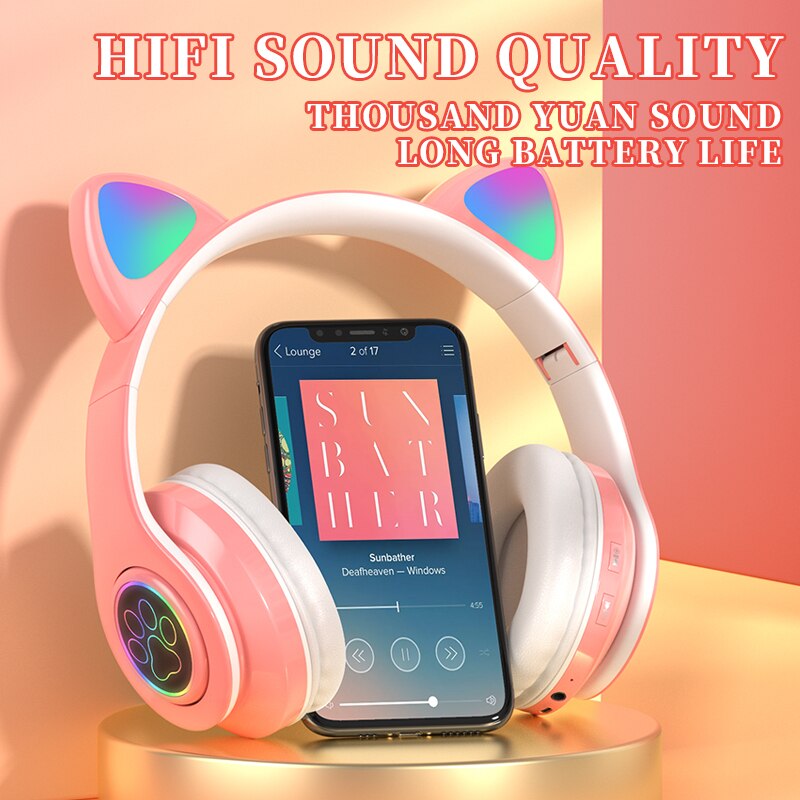 Roze Gaming Led Kat Ear Hoofdtelefoon Bluetooth Noise Cancelling Kids Meisje Headset Ondersteuning Tf-kaart Fm Radio Met Microfoon Draadloze + Bedrade