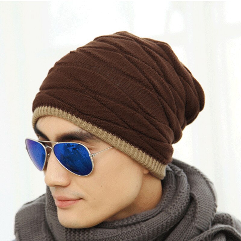 Gorros de abrigo gruesos de punto para hombre, gorro de Color liso, elástico, para primavera, otoño e invierno,