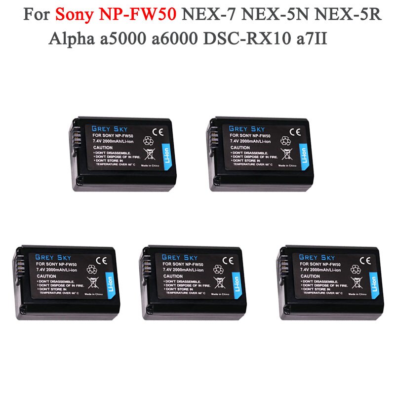 2000 mah np -fw50 np fw50 batterij-accu voor sony nex -3n nex -5 nex -5n nex -5r nex 2 alpha  a5000 a6500 dsc -rx10 alpha  a7s a7ii alpha 7r: Pakket 5