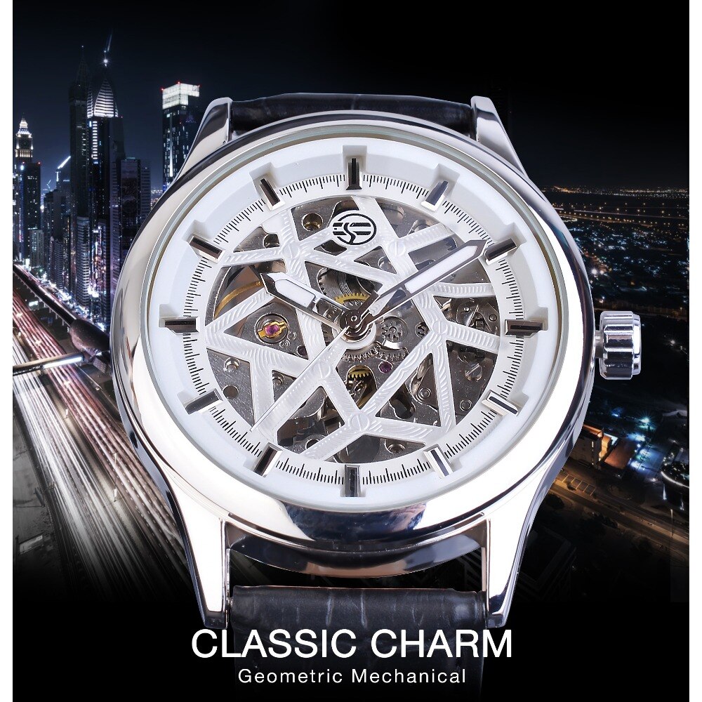 Forsining Koninklijke Luxe Mens Silver Versnelling Beweging Transparante Ster Oppervlak Open Werk Skeleton Mechanische Polshorloge