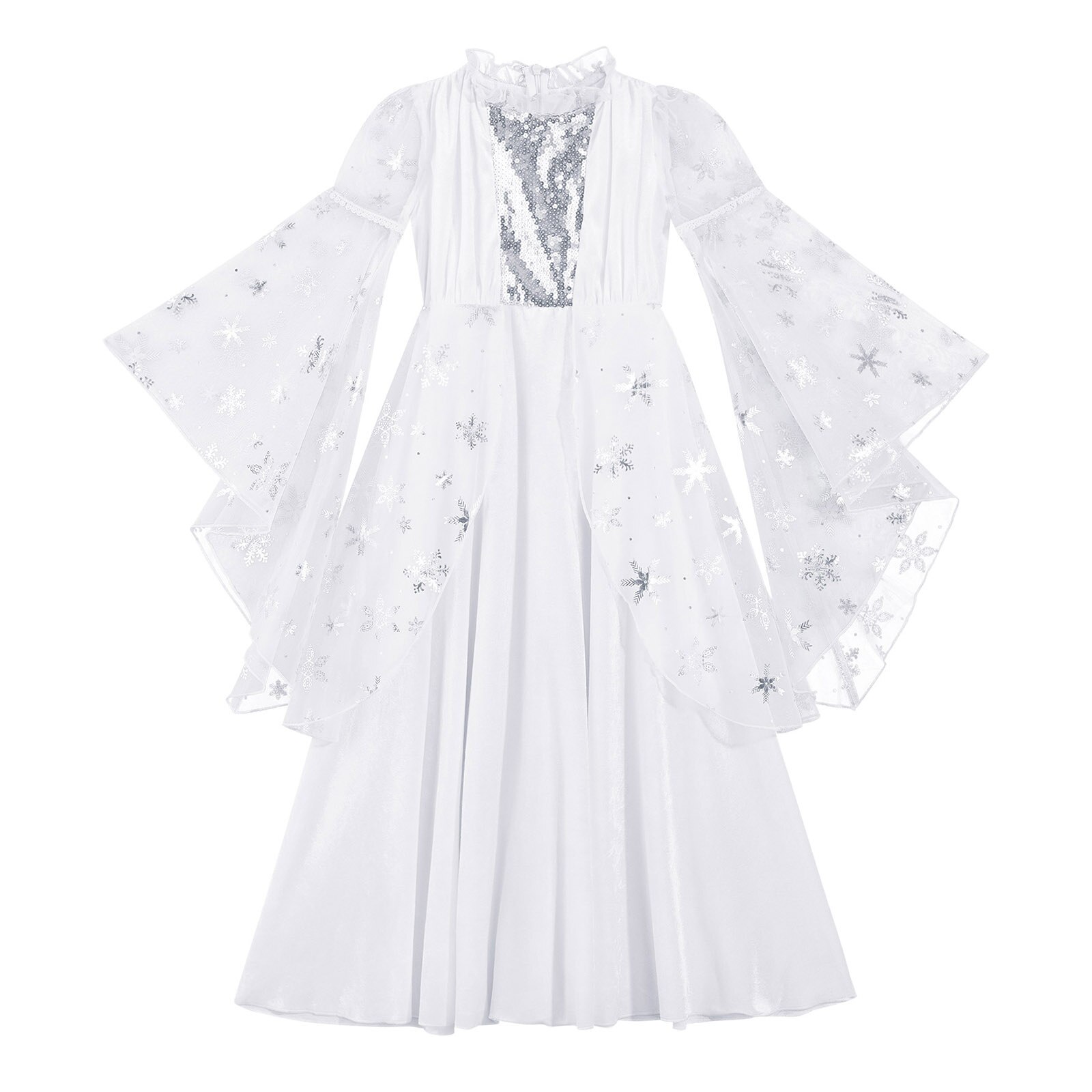 Disfraces de Ángel Blanco para niñas, Vestido de manga larga con estampado de copo de nieve, malla con lentejuelas adornadas, largo de tul para actuaciones en escenario