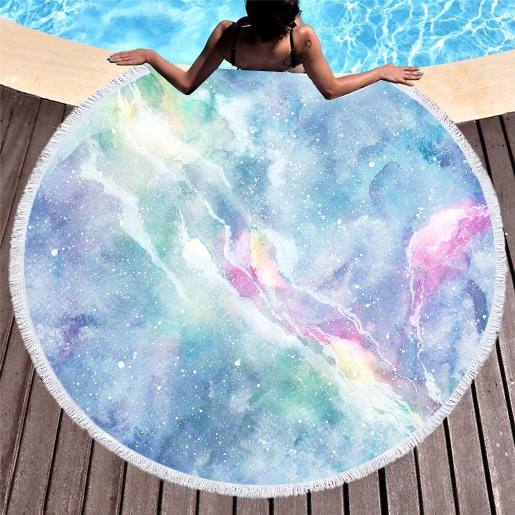 Serviette de plage ronde en microfibre pour adultes, motif de marbre coloré imprimé en 3D, tapis de Yoga avec pampilles, été, 150cm, T609: 15