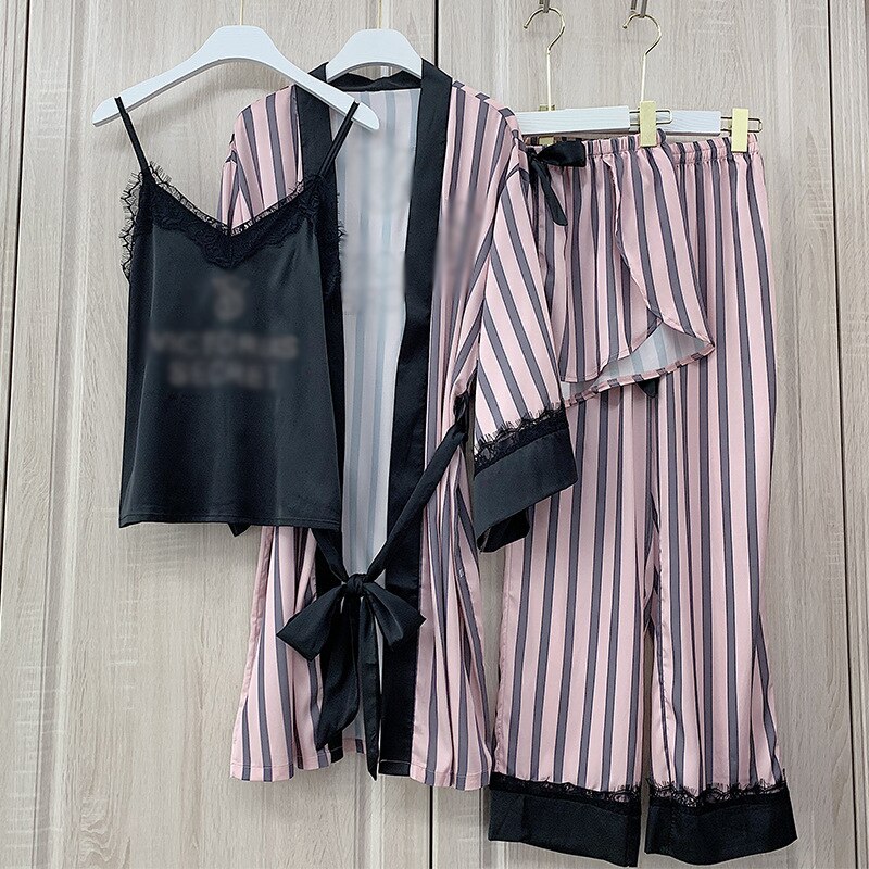 Ladies vs stripe pajamas four-piece diamond logo Wide stripes color matching Home service suit Sexy comfortable: Pink