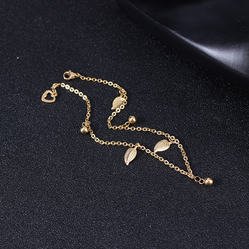 Rvs Bladgoud Kralen Barefoot Sandalen Enkelband Bohemian Tassel Link Chain Heart Voet Been Armband Voor Vrouwen
