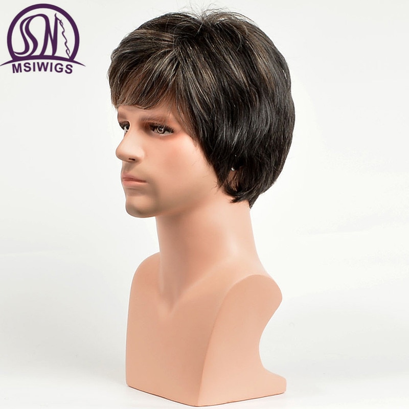 MSIWIGS Straight Short Synthetic Men Wigs Heat Resistant Male Natural Hair Ombre Man Wig