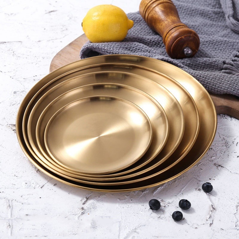 Europese Diner Platen Goud Eettafel Plaat Opbergvak Ronde Serveren Gerechten Plaat Cake Lade Westerse Steak Lade Keuken Platen