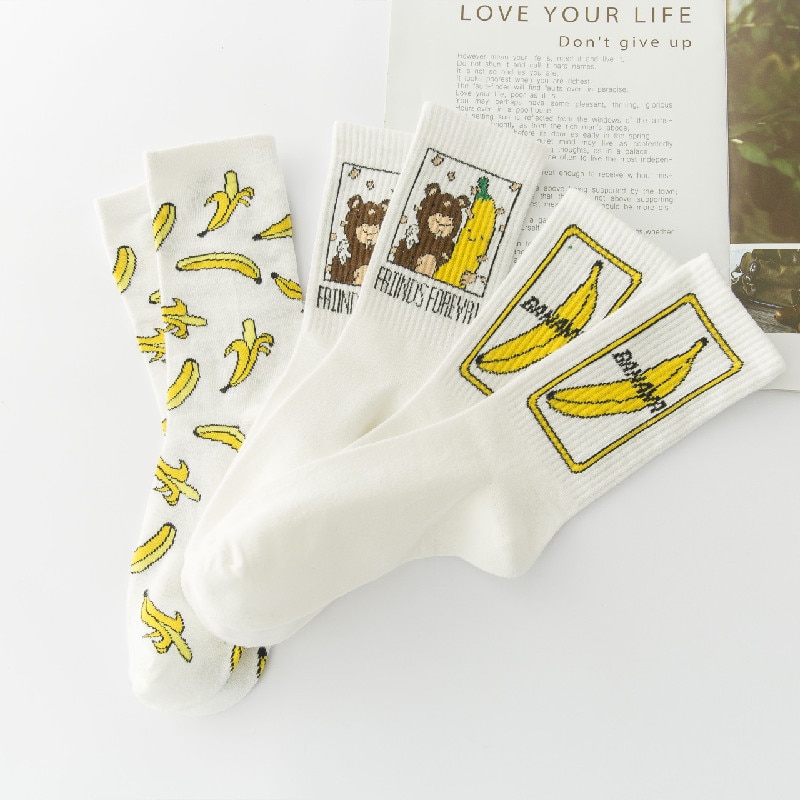 South Korea style explosion female socks cotton banana socks small white socks tide socks