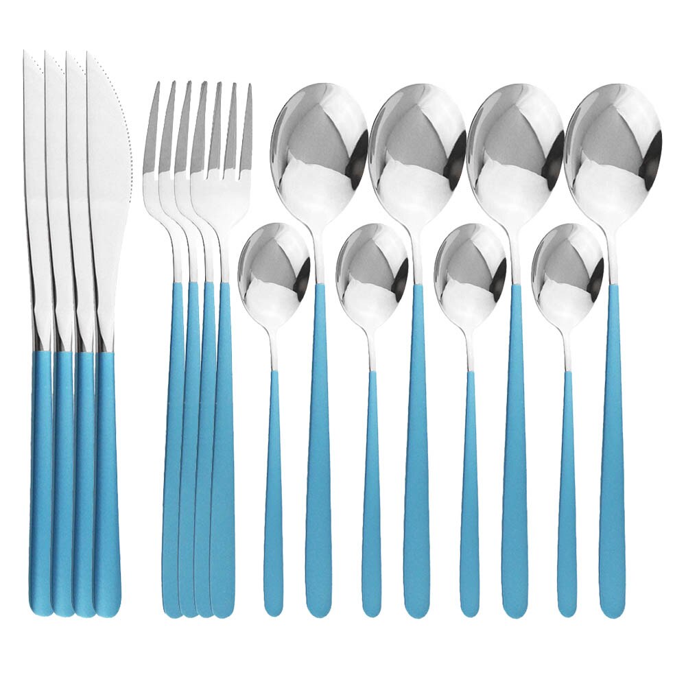 Couverts en acier inoxydable pièces/ensemble, 16 pièces, or rose 18/10, service de table, couteaux, fourchettes, cuillères, vaisselle de cuisine, argenterie: Blue Silver