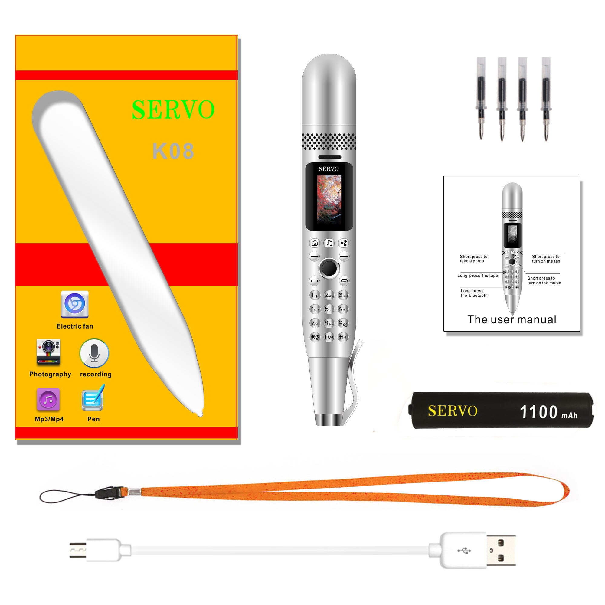 SERVO K08 Stift Mini Handy 0.96 "Tiny Bildschirm GSM Dual SIM Kamera Taschenlampe Bluetooth Dialer Handys mit Aufnahme stift