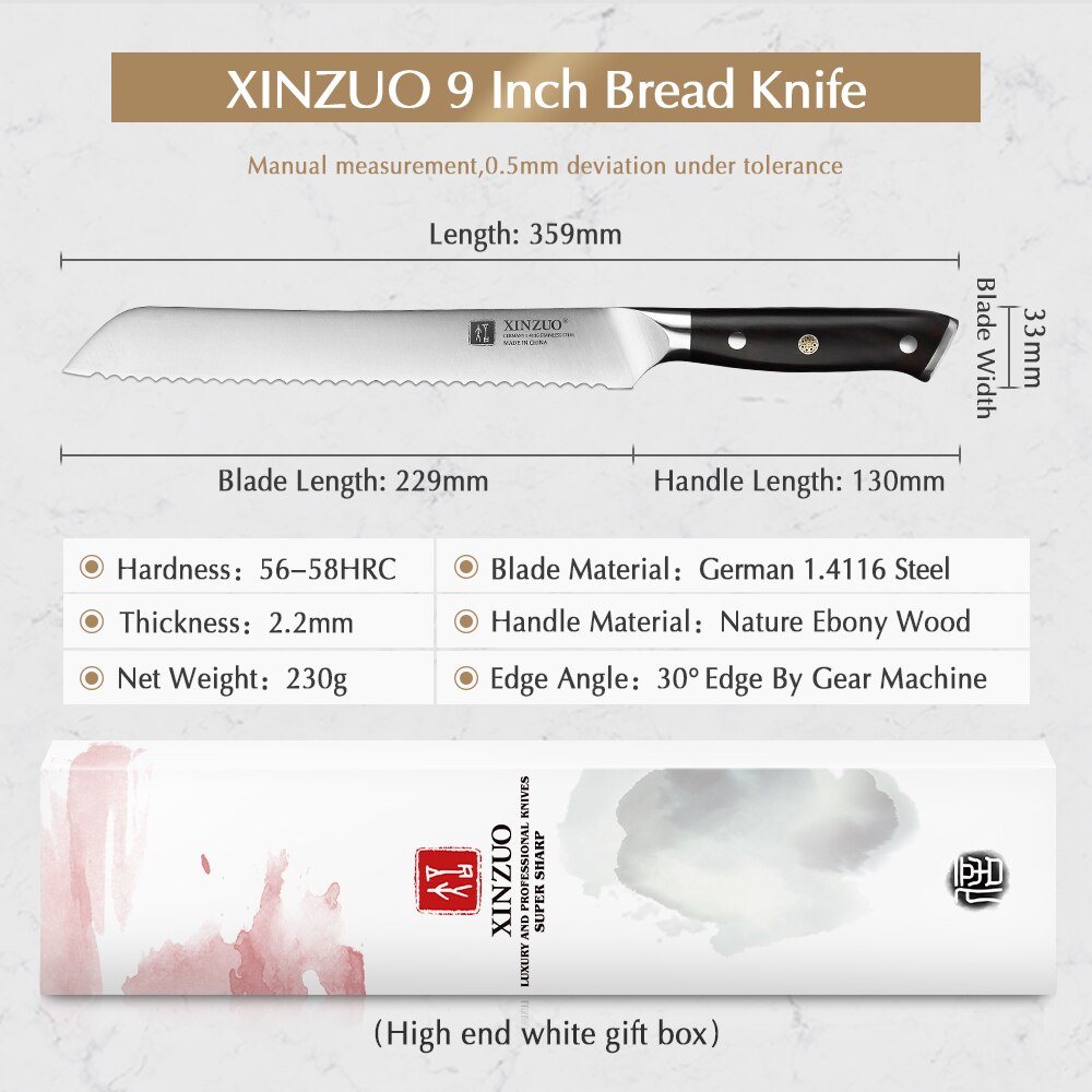 XINZUO couteau à pain 9 ''avec manche en ébène allemagne couteaux de cuisine en acier 1.4116 couteaux dentelés pour le pain, le fromage, le gâteau, outils de boulangerie