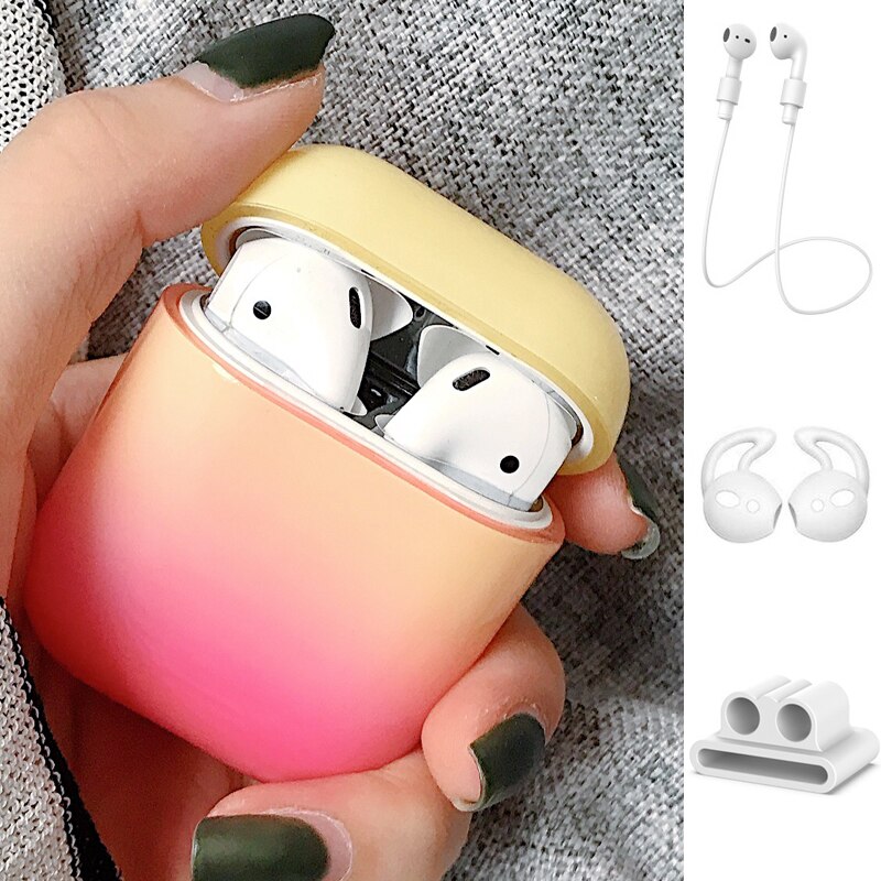 1/5PSC chiaro caso per caso sveglio di airpods Liscia gradiente della copertura per airpods 2 di tappo per orecchie Anti-perso rope copertura di caso di sport per airpods 2 caso: Set B Yellow-Rose