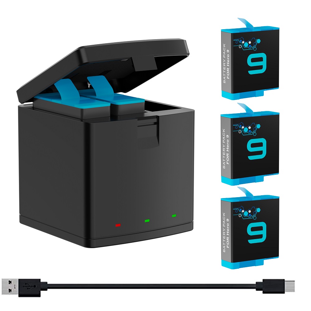 2000 mah batterier til gopro hero 9/10 batteri ,3- kanals usb oplader (fuldt kompatibel med officielt gopro 9 10 tilbehør): 1 oplader 3 batterier