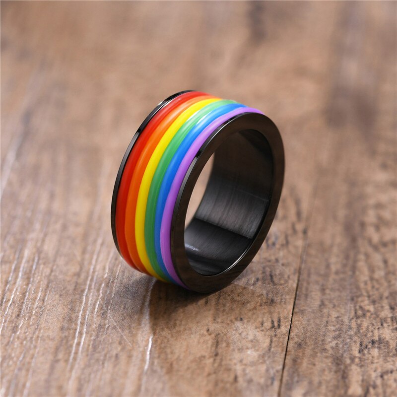 KOtik New Fashion 9MM nero argento colore acciaio inossidabile LGBT Pride Rings per donna uomo Silicone arcobaleno regali di gioielli da sposa