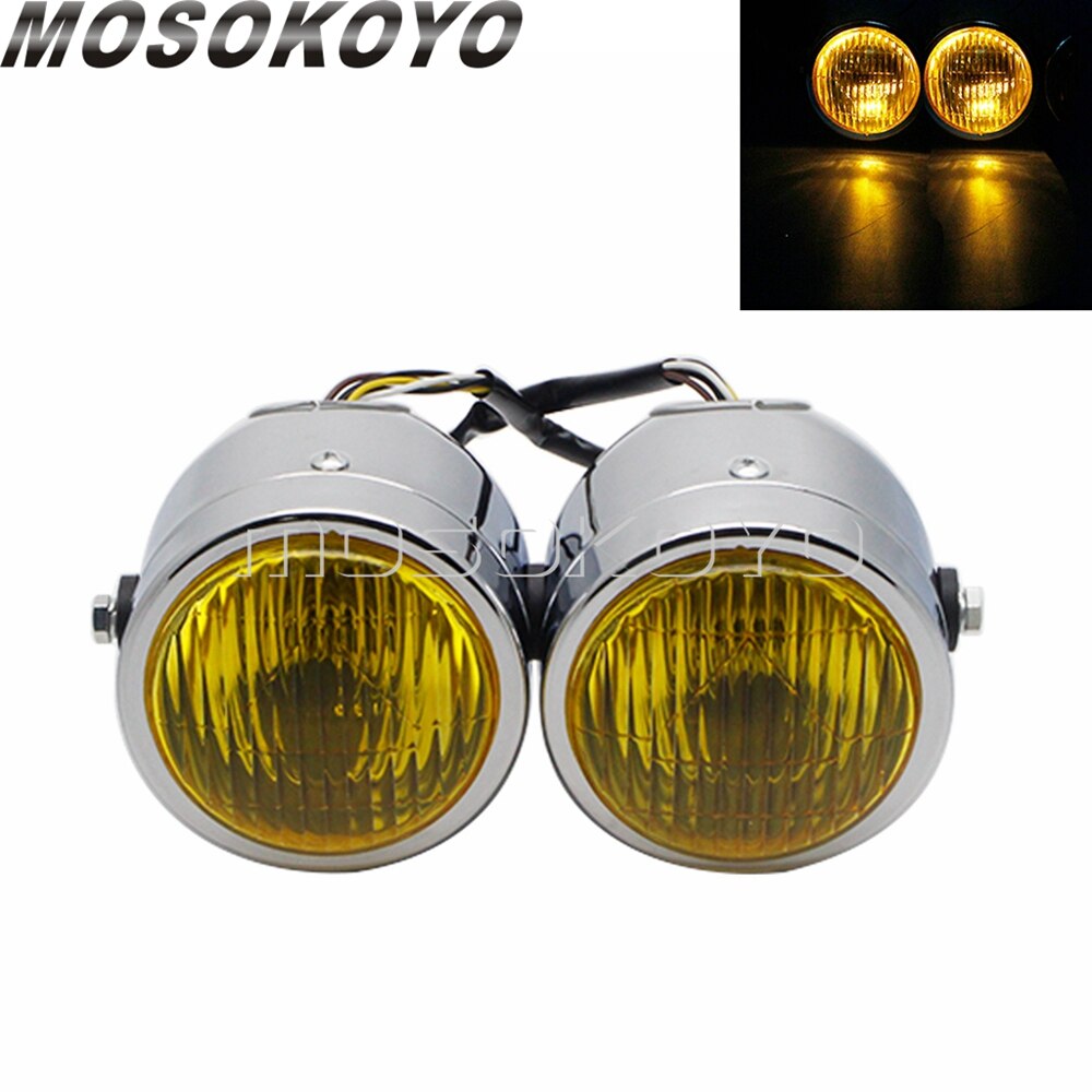 Motorcycle Twin Round Dominator Headlight 3.5" Double Dual Lamp Front Headlamp for Harley Cafe Racer Old School Chopper Bobber: A Chrome Yellow