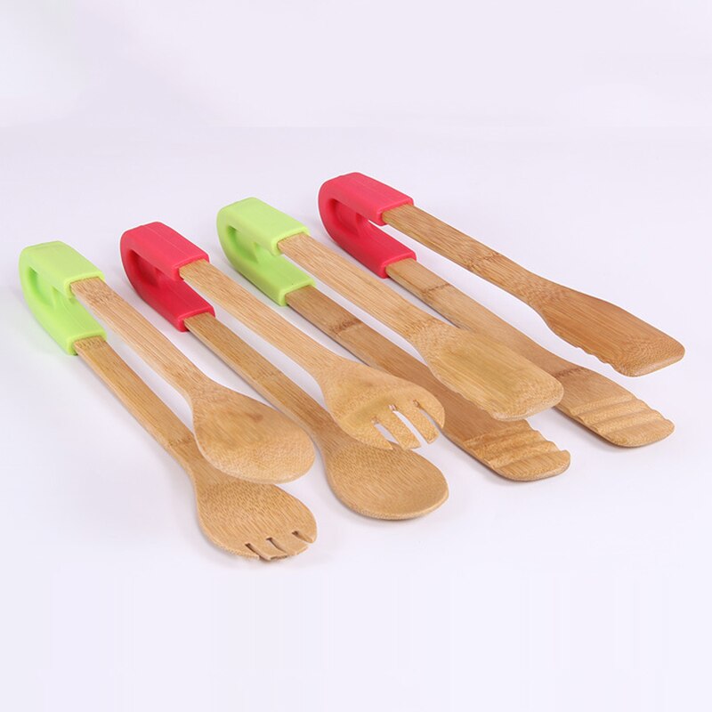 Wooden Salad Cake Snack Clip Bamboo Food Toaster Tongs Silicone Handle Bread BBQ Tongs Kitchen Tools Clamp Cooking Utensils