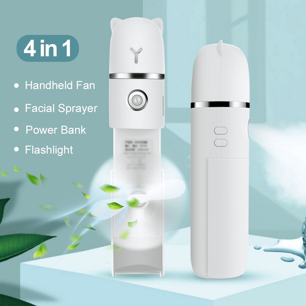 4-in-1 Gezichtsstomer Sprayer Ventilator - Nano Luchtbevochtiger, Draagbare Mist Hydraterende Handventilator Desktop