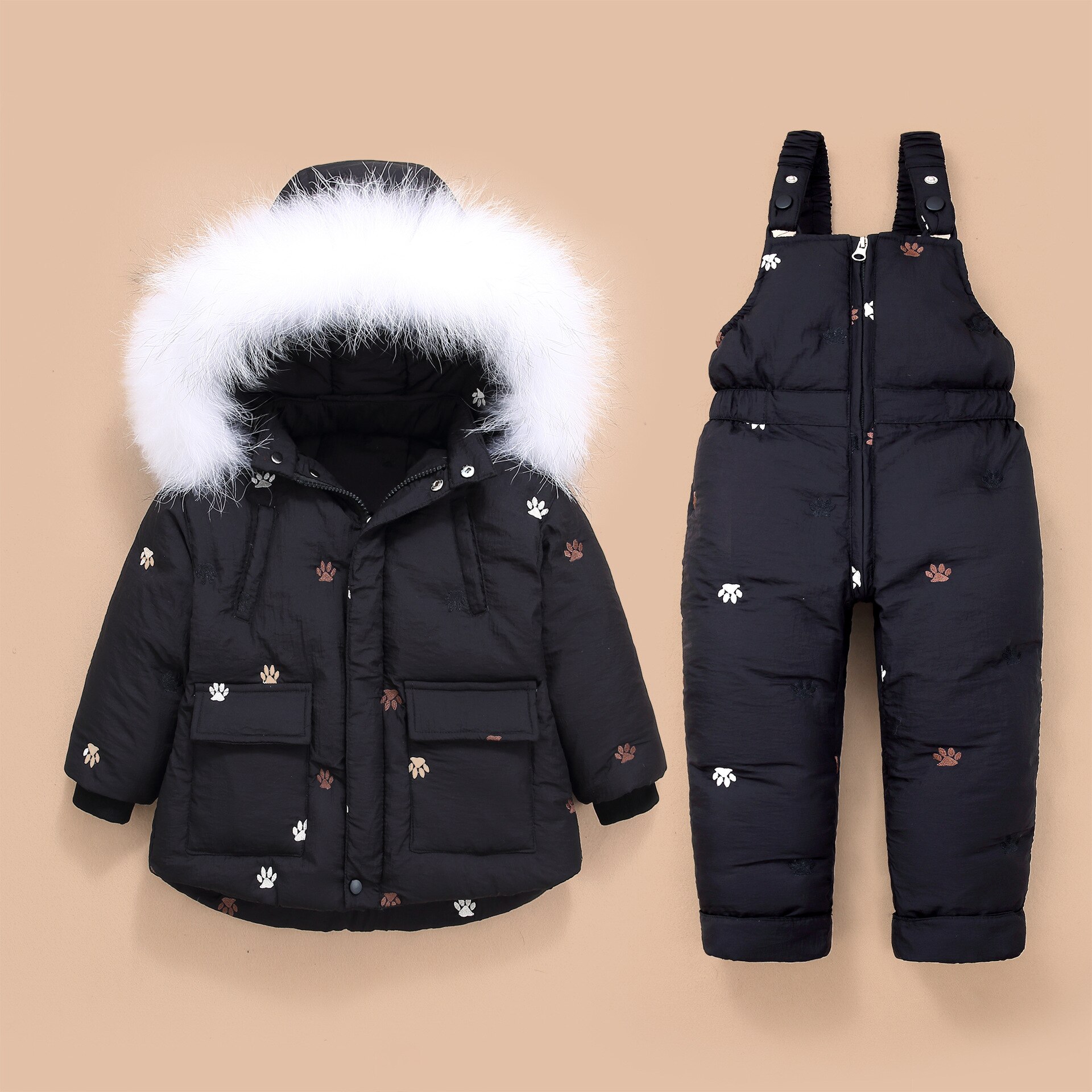 Meisjes Set Fur Hooded Jongen Baby Overalls Meisje Winter Donsjack Warme Jas Kinderen Kinderen Snowsuit Sneeuw Kleding Meisjes Kleding set: black / 18m