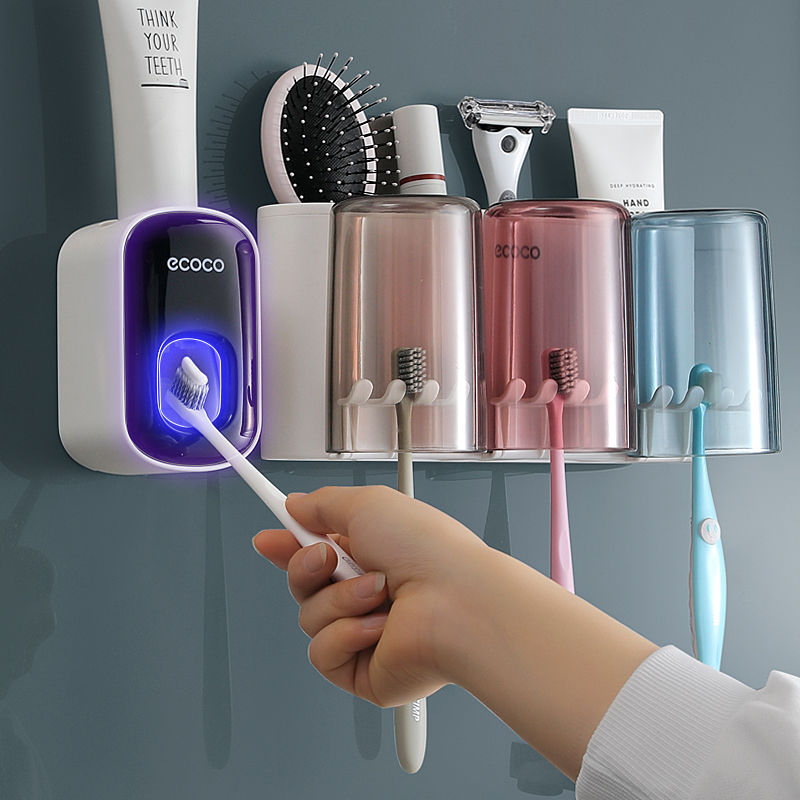 ECOCO – distributeur automatique de dentifrice à pression, accessoires de salle de bains, poinçon gratuit, ensemble de porte-brosse à dents, support de rangement mural