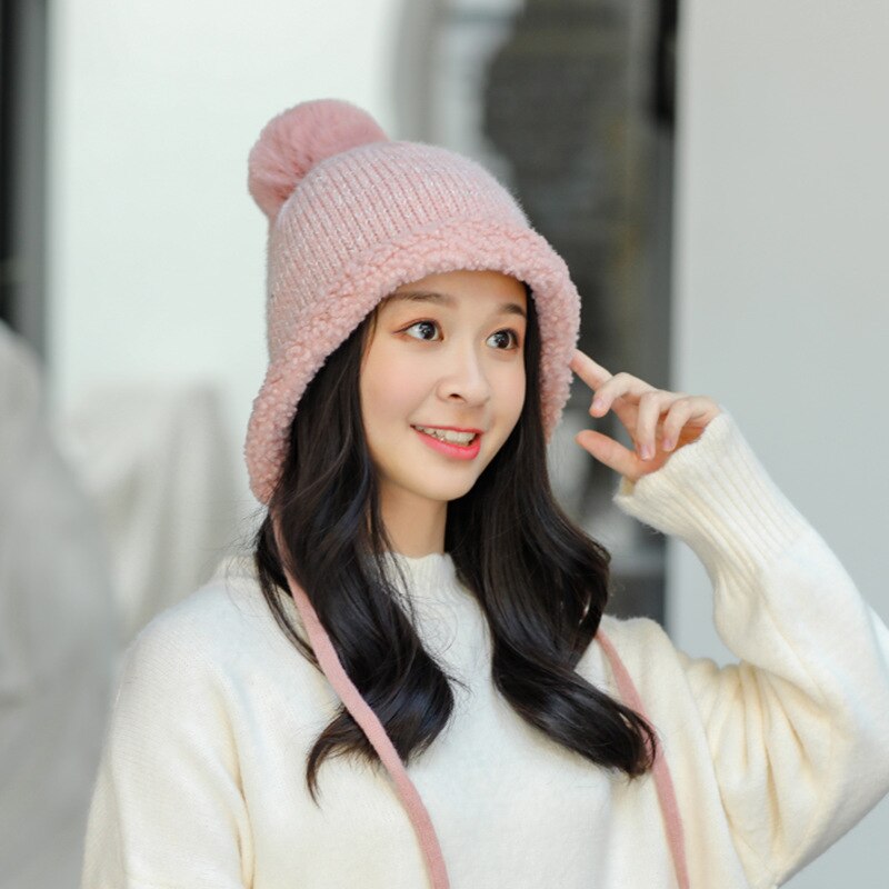 Lamb wool hats women's knitted fleece-lined caps winter bomber hats with velvet thickness warm hats cold-proof caps for girls: pink