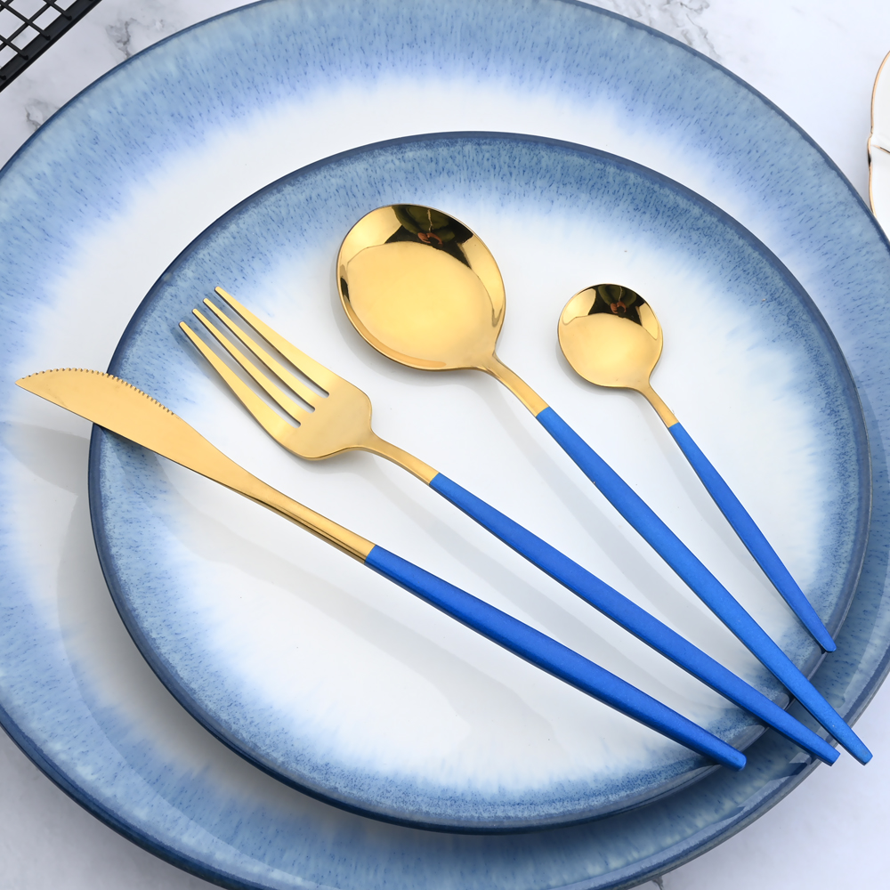 24pcs Cutlery Set Blue Silver Dinnerware Set Stainless Steel Silverware Knife Fork Spoon Tableware Flatware Set Dishwasher Safe