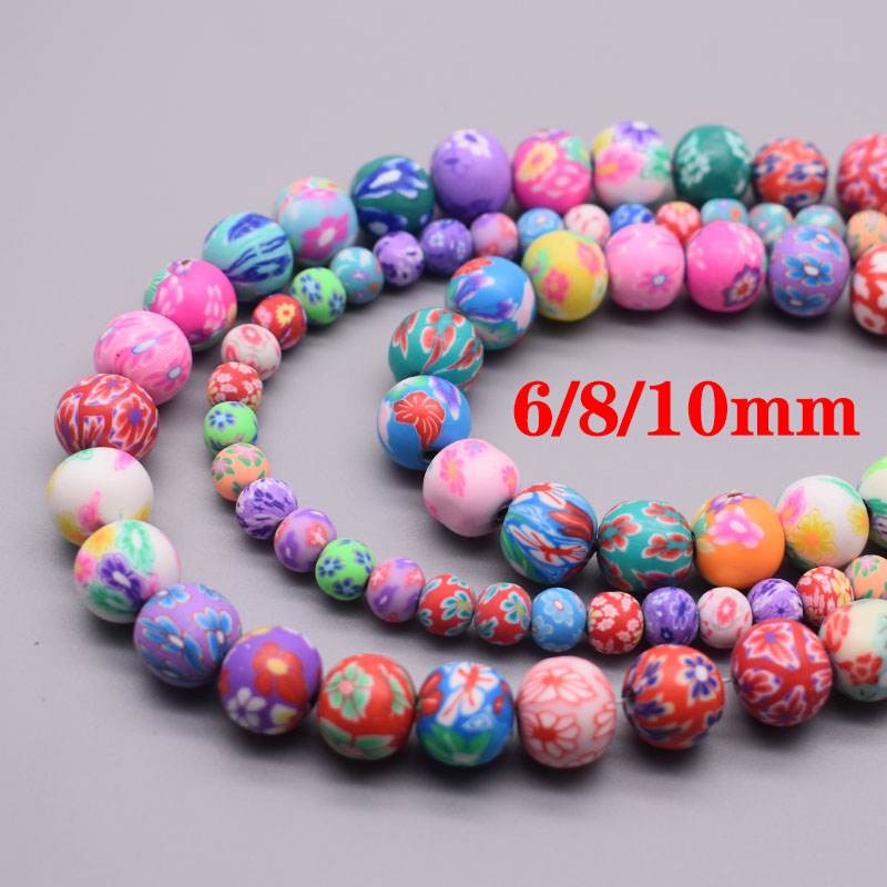 Cuentas de arcilla polimérica de 6/8/10mm, cuentas con estampado de flores, cuentas redondas sueltas para hacer joyería, pulsera DIY